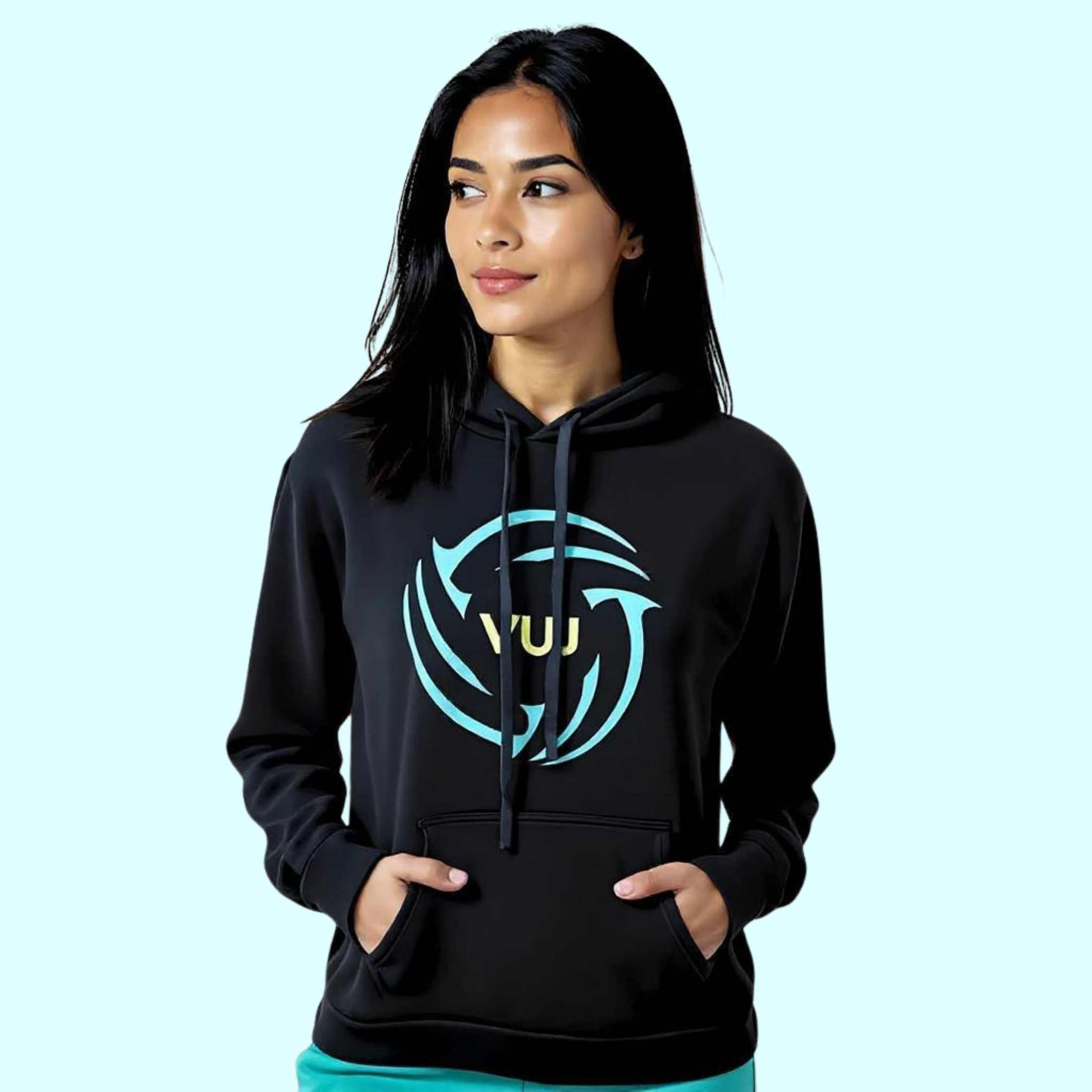 Female wearing a black hoodie with a blue and yellow-green volleywalls ball logo