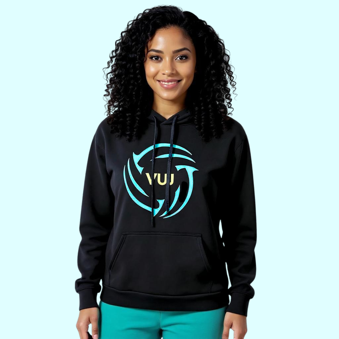 Female wearing a black hoodie with a blue and yellow-green volleywalls ball logo