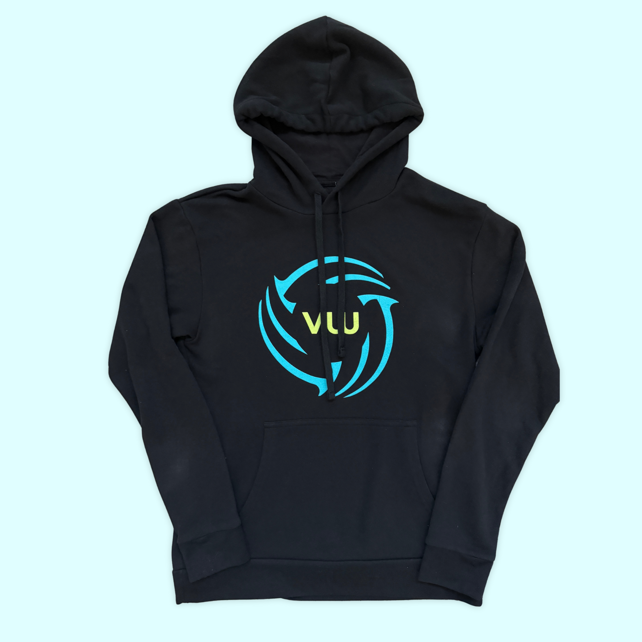 Black hoodie with blue and yellow-green volleywalls ball logo