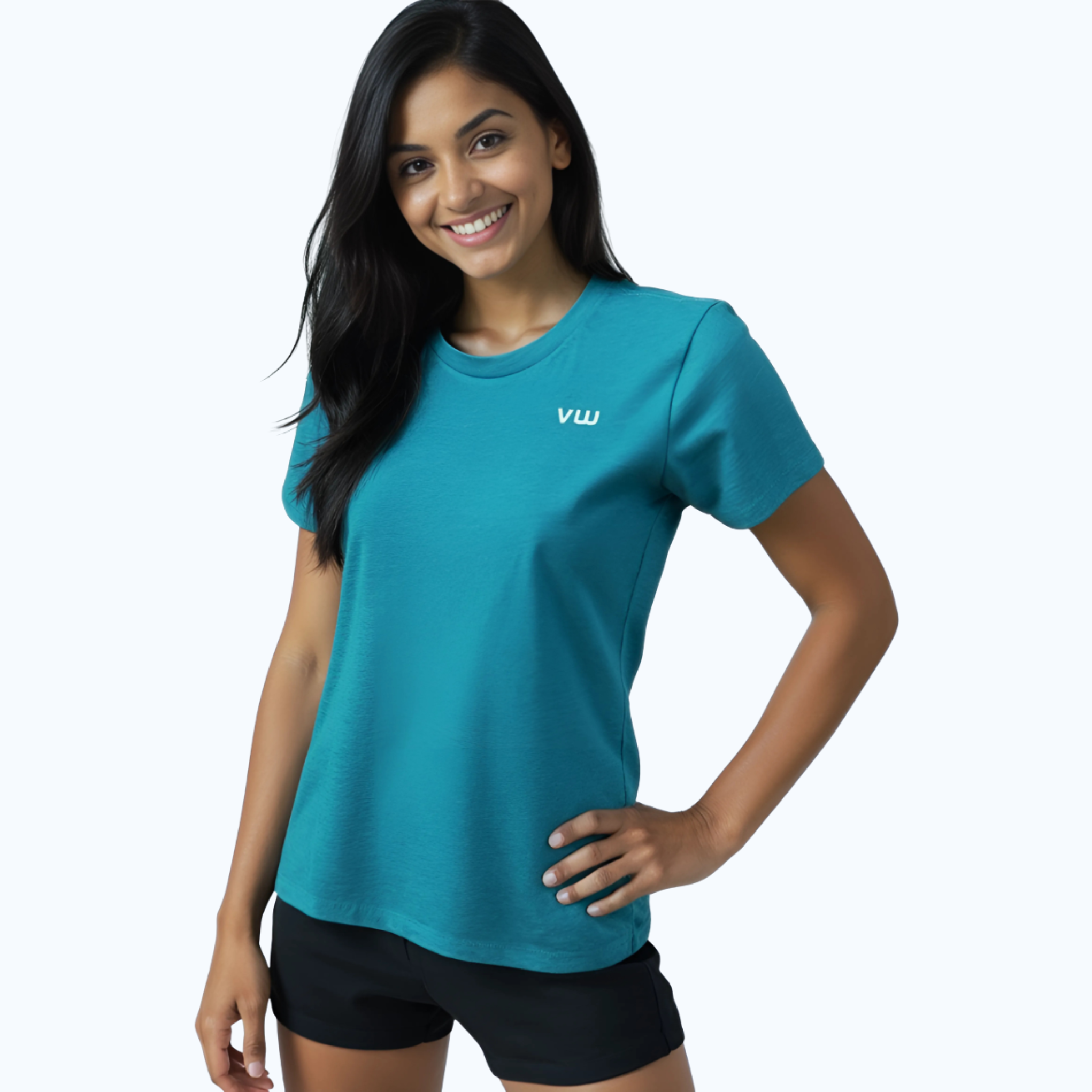 Female wearing a teal t-shirt with a white VW logo on left chest