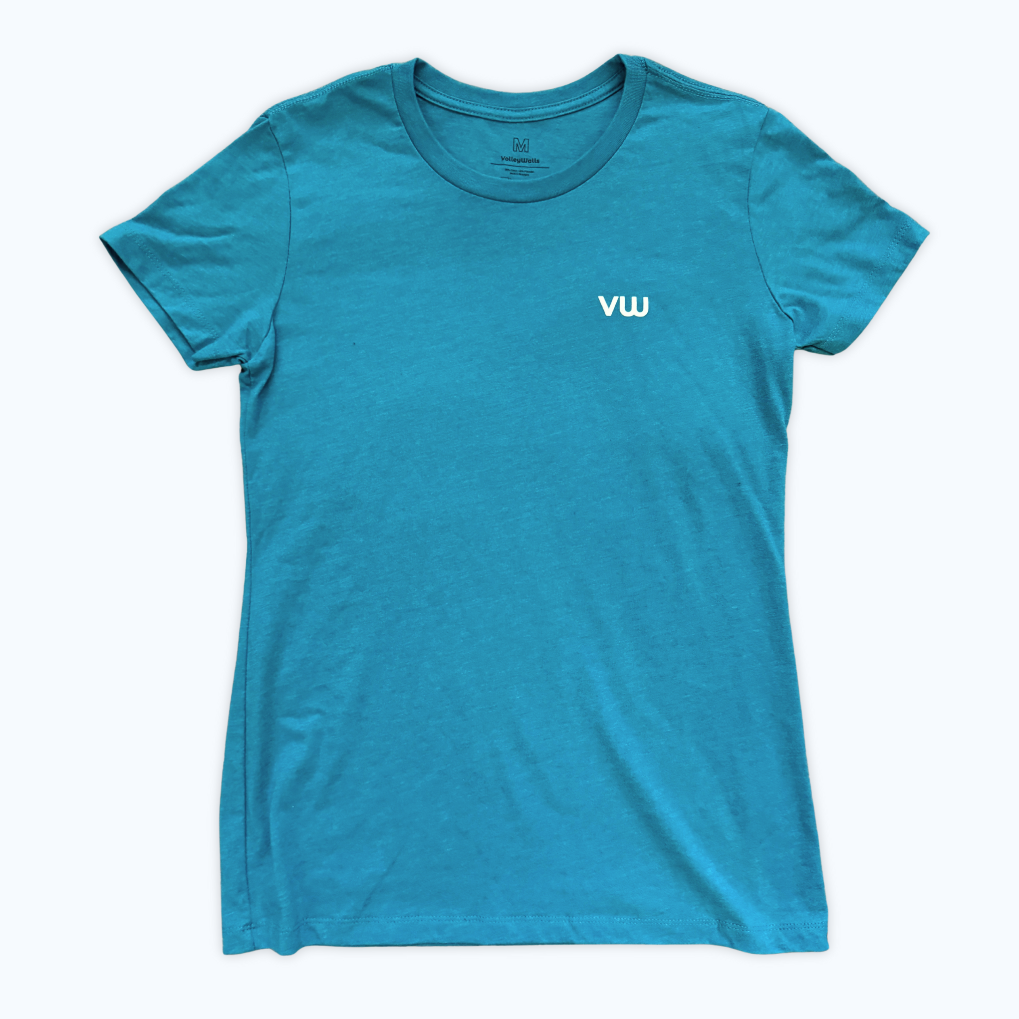 teal t-shirt with a white VW logo on left chest