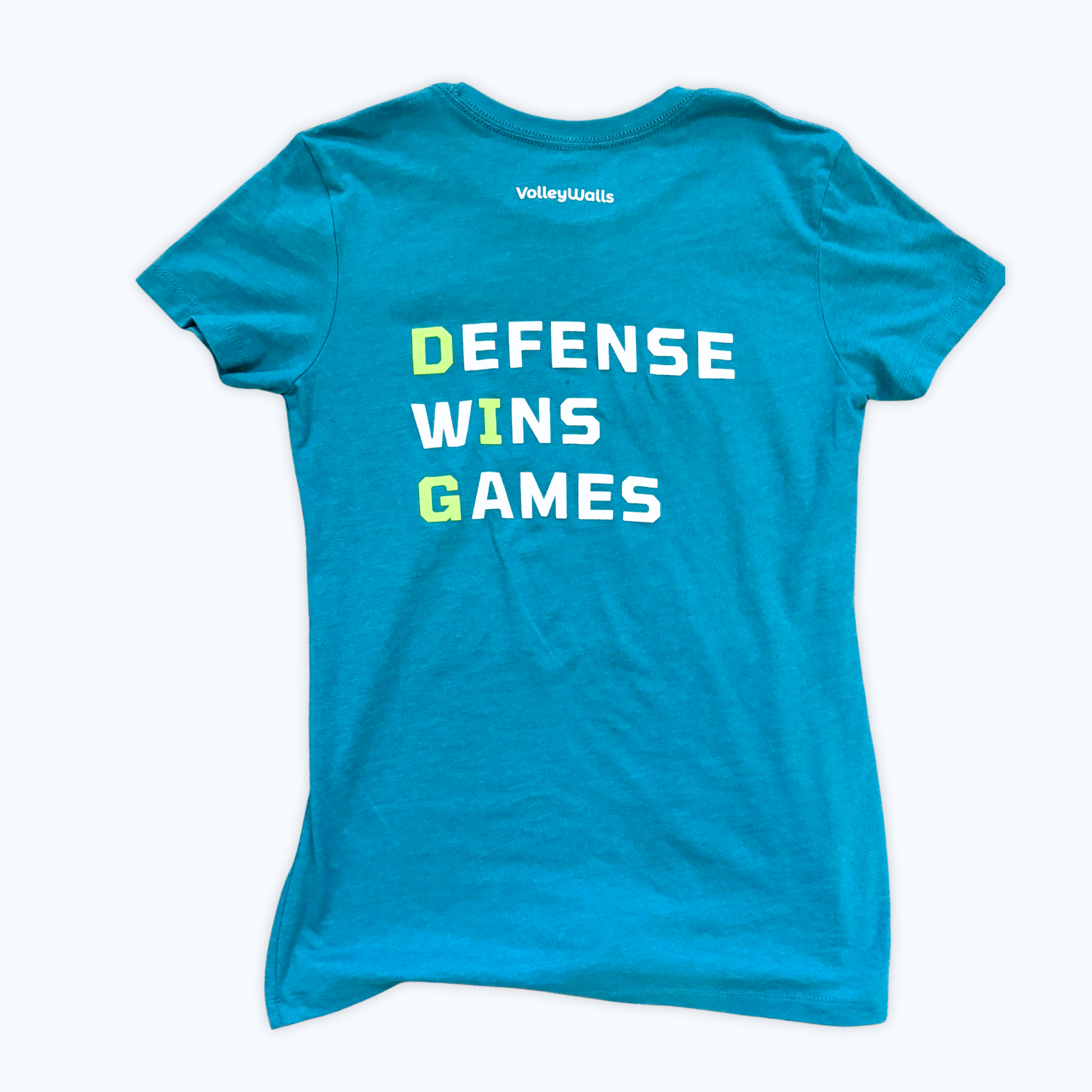 teal t-shirt with 'DEFENSE WINS GAMES' text white volleywalls logo near neck line