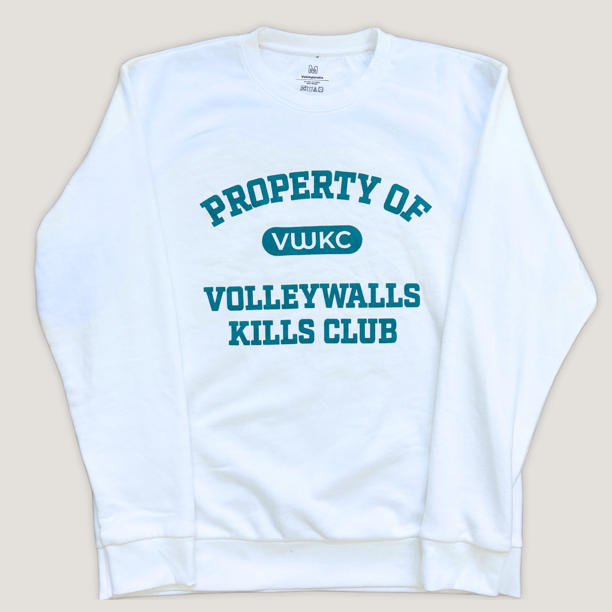 White sweatshirt with "Property of VolleyWalls Kills Club" text in dark green across the front