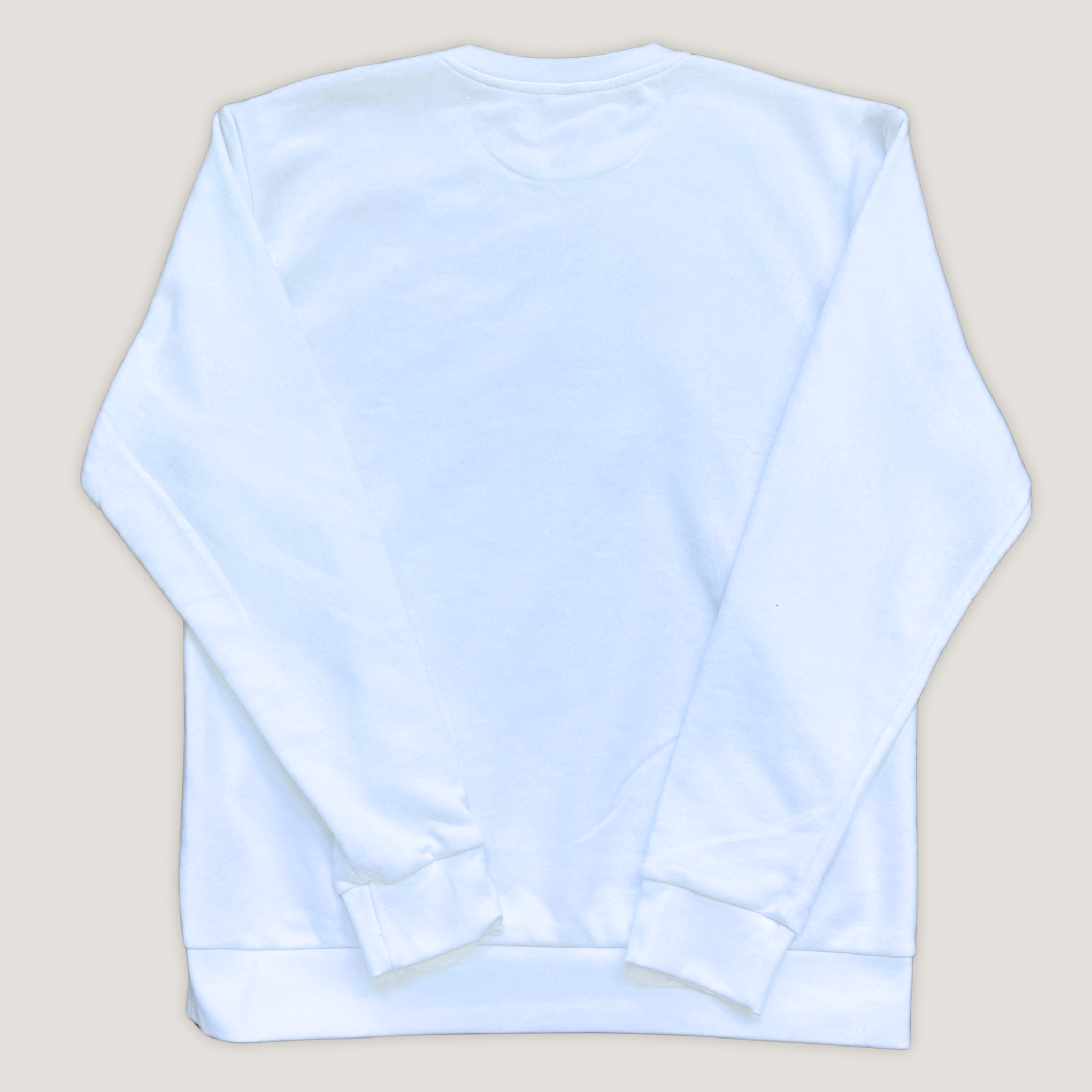 White sweatshirt with no text logos or images on the back.