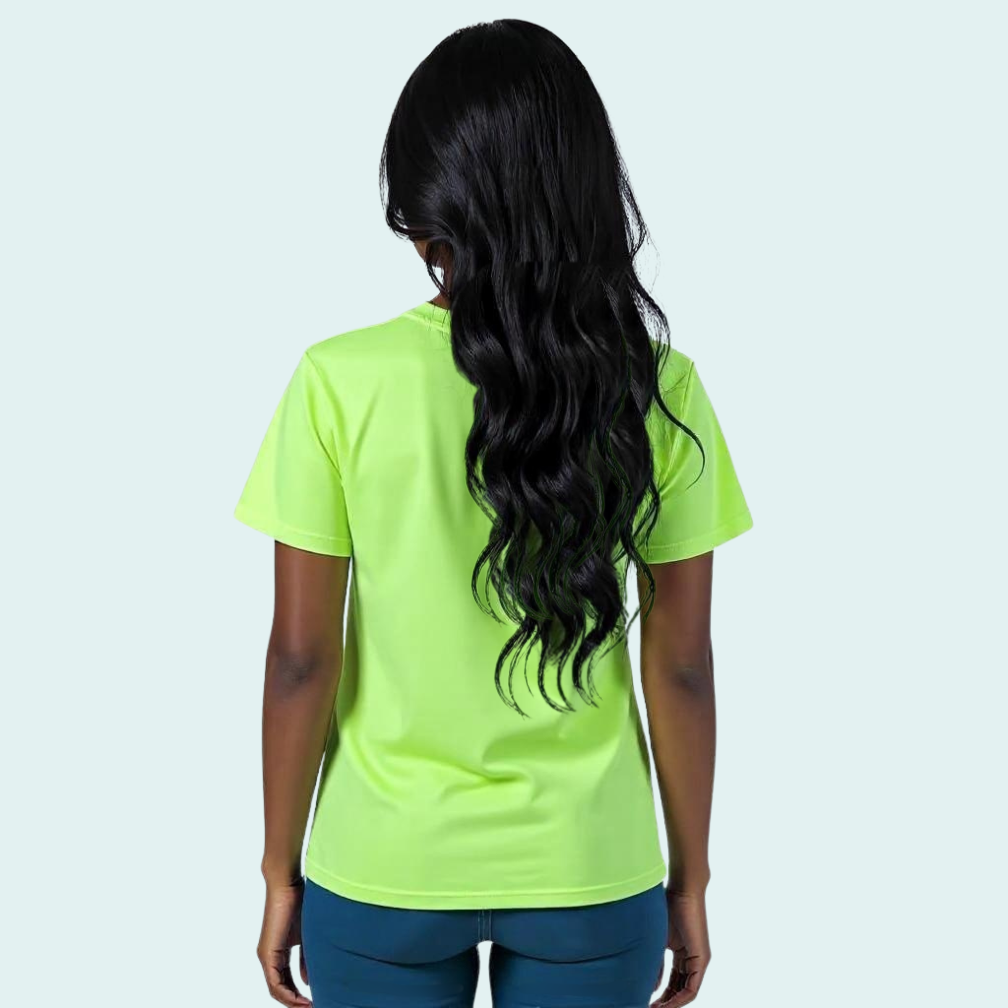 Female wearing a lime green-yellow t-shirt with a dark green volleywalls logo near the neck line on the back. 