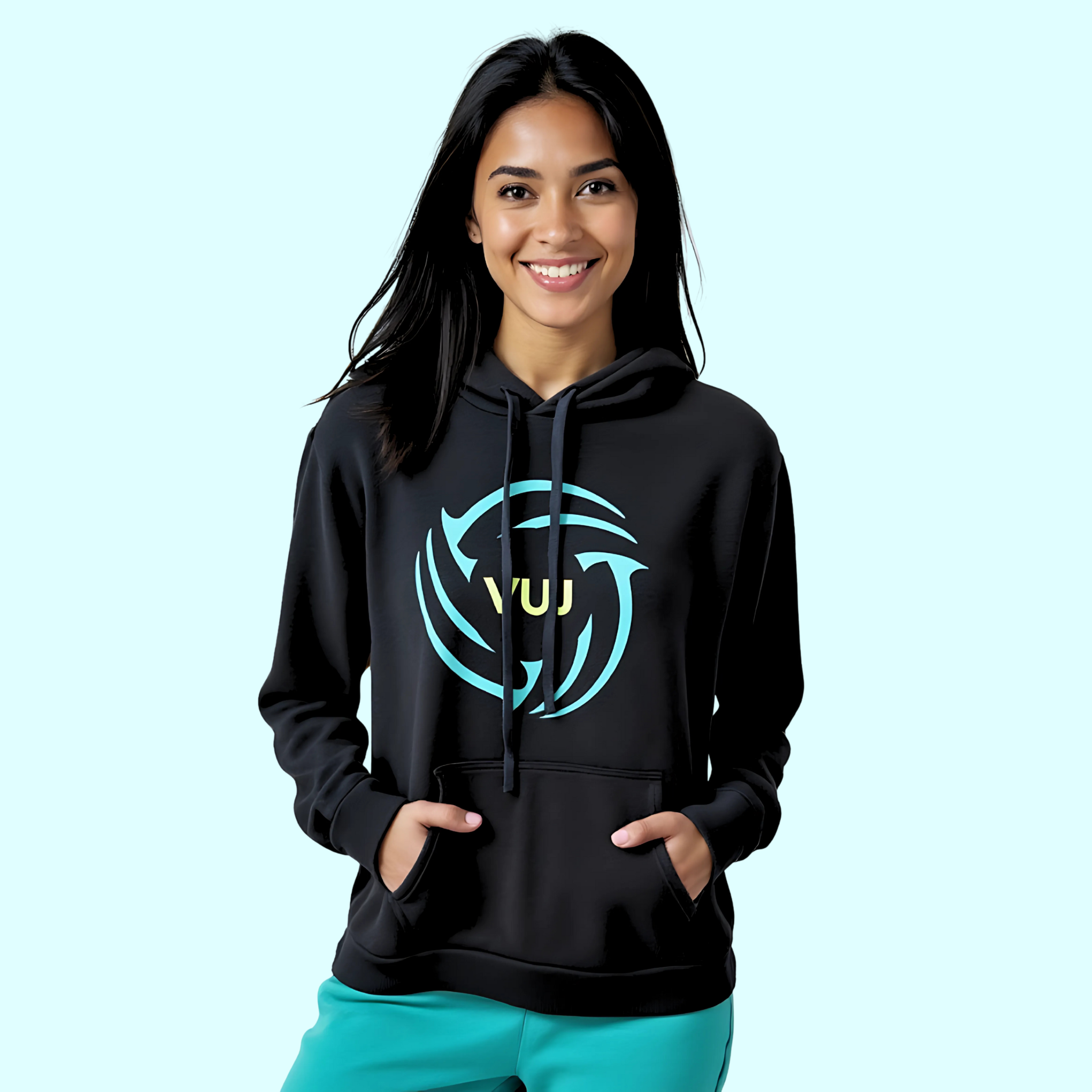 Female wearing a black hoodie with a blue and yellow green volleywalls ball logo 