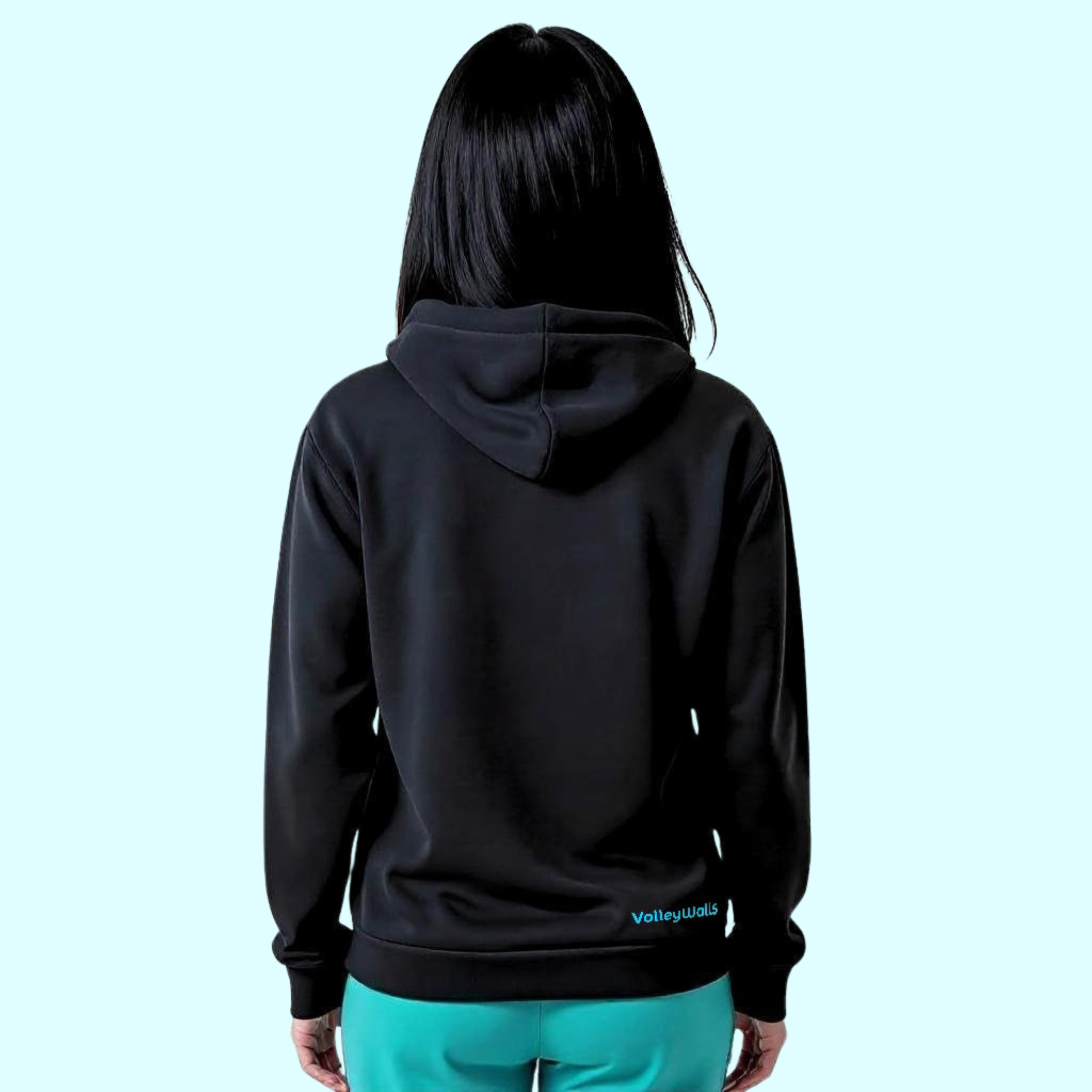 Female wearing a black hoodie with a visible blue logo on the back right bottom of the garment 