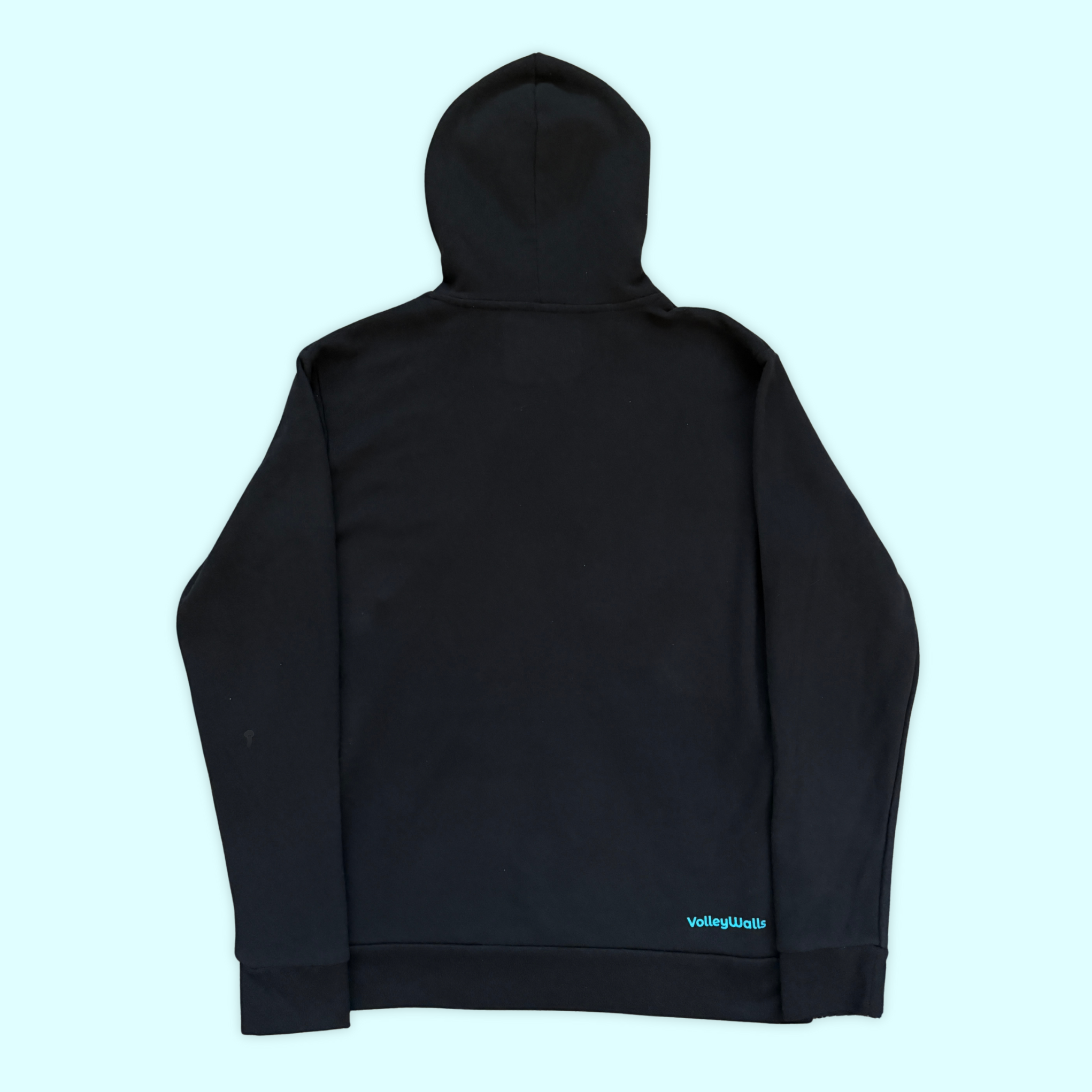 Black hoodie with a visible blue logo on back right bottom side of garment