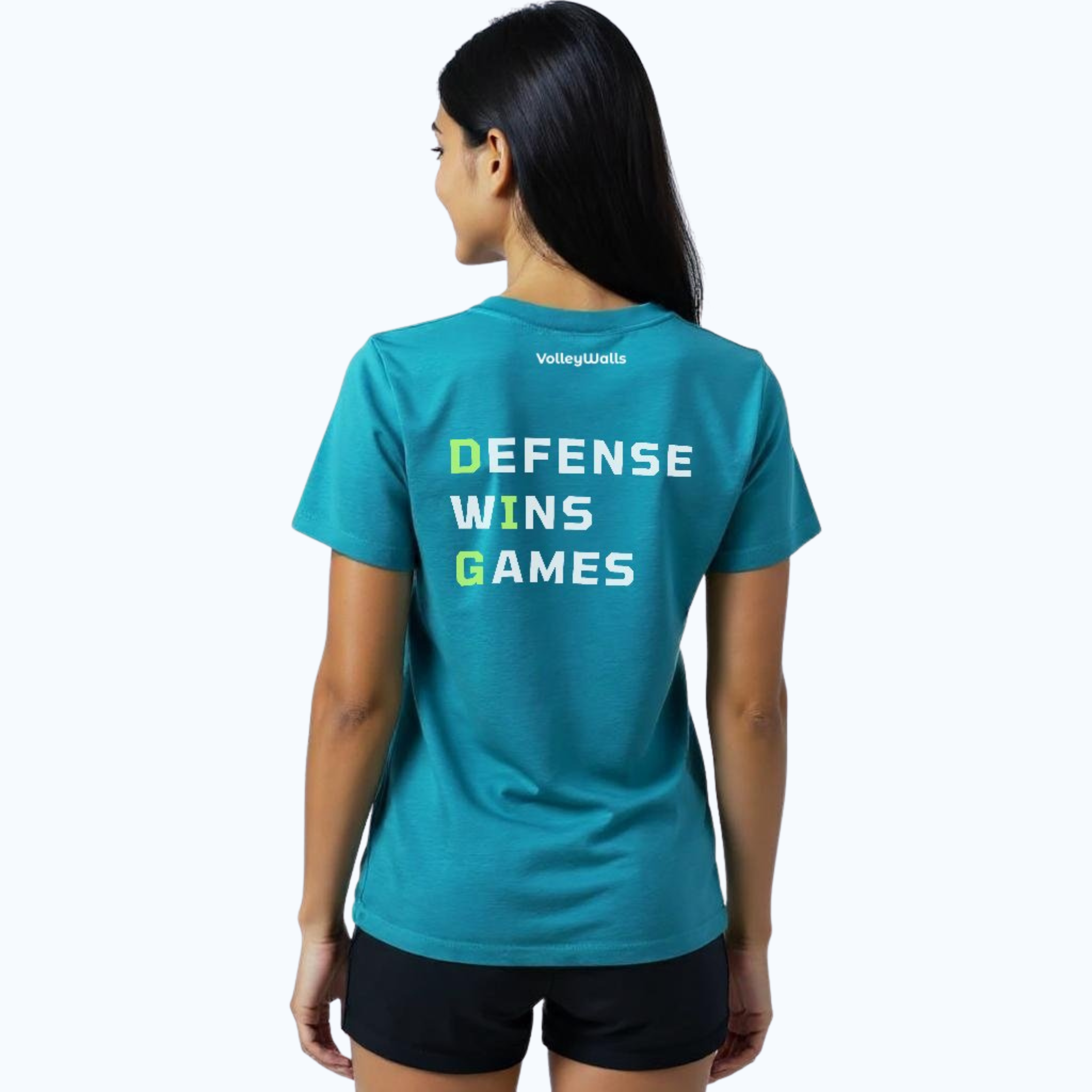 Female wearing a teal t-shirt with 'DEFENSE WINS GAMES' text on the back. and white volleywalls logo near neck line